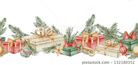 Watercolor seamless border with Christmas presents, ribbons, and pine branches. Illustration of ornament with gift boxes with bows for Xmas invitations or New Year greeting cards. Art for frame. Watercolor seamless border with Christmas presents, ribbons, and pine branches. Illustration of ornament with gift boxes with bows for Xmas invitations or New Year greeting cards. Art for frame. 132180352