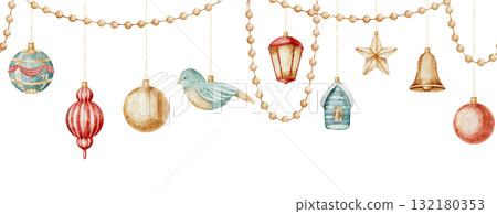Seamless watercolor pattern with Christmas ornaments, baubles, and festive decorations. Illustration of Xmas border for New Year wrapping paper or greeting cards. Art with garlands for invitations. Seamless watercolor pattern with Christmas ornaments, baubles, and festive decorations. Illustration of Xmas border for New Year wrapping paper or greeting cards. Art with garlands for invitations. 132180353