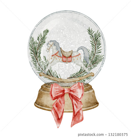 Watercolor illustration of a Christmas snow globe with rocking horse and red bow. Glass Snowball for holiday Xmas greeting cards or New Year invitations. Art for holiday packaging or posters. Watercolor illustration of a Christmas snow globe with rocking horse and red bow. Glass Snowball for holiday Xmas greeting cards or New Year invitations. Art for holiday packaging or posters. 132180375