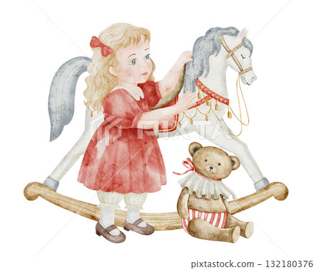 Watercolor illustration of a girl in red dress playing with rocking horse and teddy bear. Vintage Christmas scene for Xmas greeting cards or New Year invitations. Art with child and retro toys. Watercolor illustration of a girl in red dress playing with rocking horse and teddy bear. Vintage Christmas scene for Xmas greeting cards or New Year invitations. Art with child and retro toys. 132180376