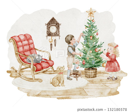 Watercolor illustration of children decorating a Christmas tree with ornaments, garlands, a dog and a cat nearby. Drawing of cozy vintage holiday scene for Xmas greeting cards or New Year posters. Watercolor illustration of children decorating a Christmas tree with ornaments, garlands, a dog and a cat nearby. Drawing of cozy vintage holiday scene for Xmas greeting cards or New Year posters. 132180378
