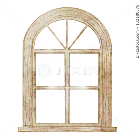 Watercolor illustration of a wooden window frame with arched top. Drawing of vintage opening for Christmas interior compositions, cozy home designs, greeting cards or invitations. 132180379