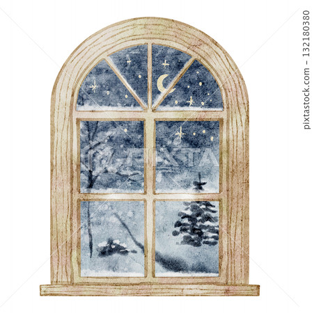 Watercolor illustration of a wooden Window with a snowy night scene outside, moon and stars. Drawing of winter landscape for cozy Christmas compositions, Xmas greeting cards, or New Year design. Watercolor illustration of a wooden Window with a snowy night scene outside, moon and stars. Drawing of winter landscape for cozy Christmas compositions, Xmas greeting cards, or New Year design. 132180380