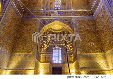The beautiful blue scenery of the Gul Amir Mausoleum in Samarkand, Uzbekistan 132180398