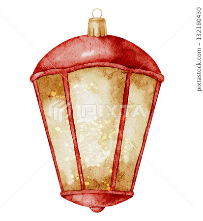 Watercolor illustration of a Christmas Ornament shaped like a glowing lantern. Drawing of Xmas Bauble for festive compositions, holiday greeting cards, and New Year invitations. Isolated clipart. 132180430