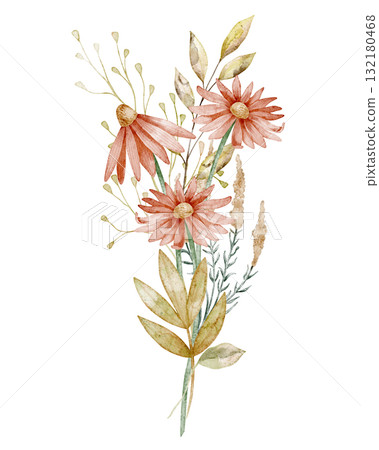 Watercolor bouquet with echinacea flowers and greenery forming a floral arrangement. Botanical Illustration with leaves for seasonal greeting cards or wedding invitations. Floral art for posters. Watercolor bouquet with echinacea flowers and greenery forming a floral arrangement. Botanical Illustration with leaves for seasonal greeting cards or wedding invitations. Floral art for posters. 132180468