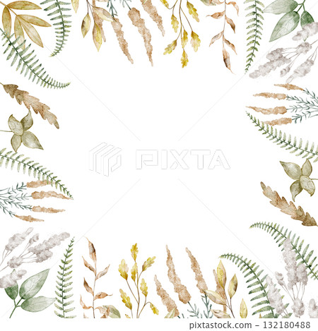 Watercolor botanical Frame with leaves, ferns, and branches. Illustration of Template for seasonal wedding greeting cards, nursery posters, and baby shower invitations. Drawing of pastel Border. 132180488