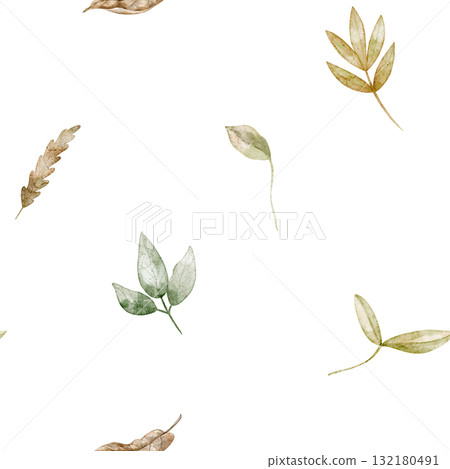 Seamless watercolor plant pattern with leaves and autumn foliage in woodland style. Illustration of fall background for textile design or wallpaper. Backdrop for wrapping paper or seasonal design. Seamless watercolor plant pattern with leaves and autumn foliage in woodland style. Illustration of fall background for textile design or wallpaper. Backdrop for wrapping paper or seasonal design. 132180491