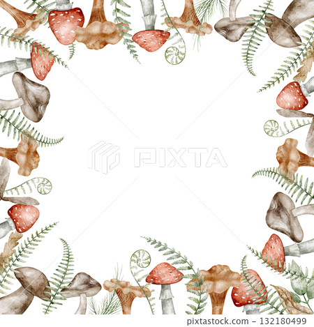 Watercolor Mushroom Frame with ferns and forest foliage. Illustration of square border template for autumn greeting cards or woodland posters. Drawing of fall Backdrop for invitations or backgrounds. Watercolor Mushroom Frame with ferns and forest foliage. Illustration of square border template for autumn greeting cards or woodland posters. Drawing of fall Backdrop for invitations or backgrounds. 132180499