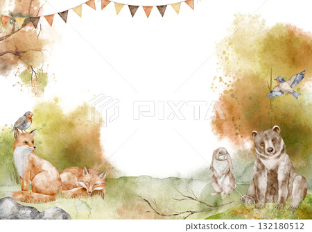 Watercolor Woodland card with foxes, bear and hare in autumn forest background. Illustration of template with forest animals for baby shower greeting cards, childish invitations and nursery posters. 132180512