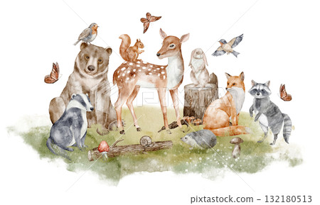Watercolor illustration of Woodland Animals including bear, fox, raccoon, hare, badger, squirrel, hedgehog, and birds. Drawing of autumn forest design for poster, baby shower invitations and greetings 132180513
