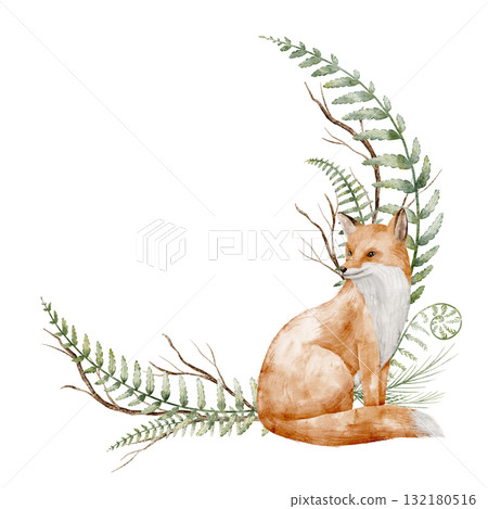 Watercolor wreath with Fox, ferns, and woodland branches. Illustration of circular Template with forest animals for autumn childish greeting cards, nursery posters or woodland baby shower invitations. 132180516