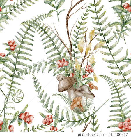 Seamless watercolor Fern pattern with woodland foliage in green and autumn colors. Illustration of forest Background with mushrooms and red berries for fall wrapping paper or textile design. Seamless watercolor Fern pattern with woodland foliage in green and autumn colors. Illustration of forest Background with mushrooms and red berries for fall wrapping paper or textile design. 132180517