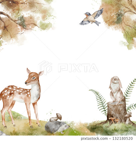 Watercolor Frame with deer, rabbit, bird, and woodland elements like mushrooms, stumps, and ferns. Illustration of forest Template for Background with woodland animals for baby shower cards or poster. Watercolor Frame with deer, rabbit, bird, and woodland elements like mushrooms, stumps, and ferns. Illustration of forest Template for Background with woodland animals for baby shower cards or poster. 132180520