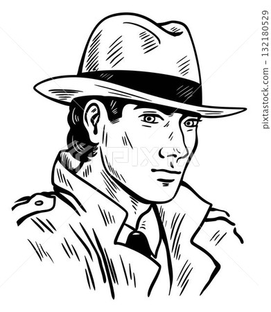 Male agent in fedora black and white sketch portrait 132180529
