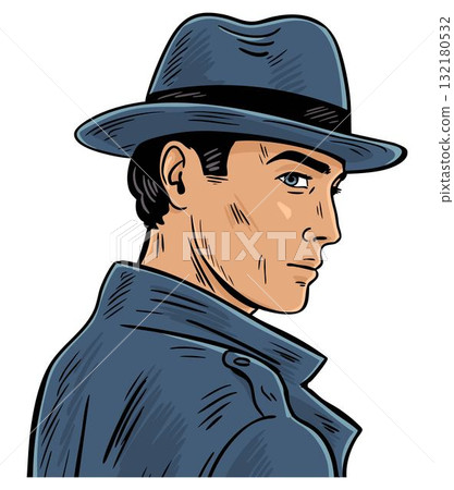 Colored portrait of male agent in fedora and trench coat vintage pop art Colored portrait of male agent in fedora and trench coat vintage pop art 132180532