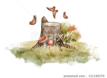 Watercolor illustration of forest Stump with mushrooms, berries, and butterflies. Drawing of autumn woodland scenes for posters, fall greetings cards or invitations. Art on isolated background. Watercolor illustration of forest Stump with mushrooms, berries, and butterflies. Drawing of autumn woodland scenes for posters, fall greetings cards or invitations. Art on isolated background. 132180570