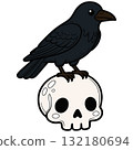 Halloween Cute Illustration, Crow is sitting on Scull. October holiday Clip Art. 132180694