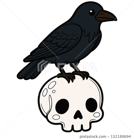 Halloween Cute Illustration, Crow is sitting on Scull. October holiday Clip Art. Halloween Cute Illustration, Crow is sitting on Scull. October holiday Clip Art. 132180694