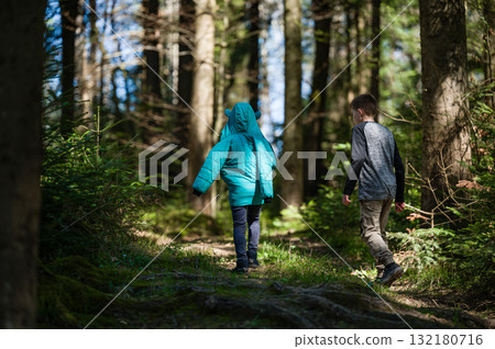 Two children hike through a sun-dappled forest, enjoying a nature walk. 132180716