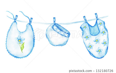 Charming blue baby clothes hanging on a line with floral accents for nursery decor. Watercolor for gender reveal party, baby shower, birthday, baptism, boy or girl party. For invitation, card, poster Charming blue baby clothes hanging on a line with floral accents for nursery decor. Watercolor for gender reveal party, baby shower, birthday, baptism, boy or girl party. For invitation, card, poster 132180726