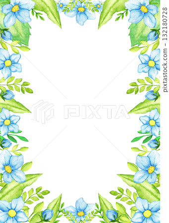 Elegant floral frame with blue flowers and green leaves for invitations or crafts. Vertical template for gender reveal party, baby shower, birthday, baptism, boy or girl party. Hand drawn Elegant floral frame with blue flowers and green leaves for invitations or crafts. Vertical template for gender reveal party, baby shower, birthday, baptism, boy or girl party. Hand drawn 132180728