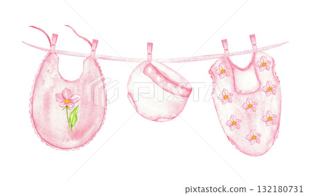 Charming pink baby clothes with floral designs for newborns and nursery decor. Illustration for gender reveal party, baby shower, birthday, baptism, boy or girl party. For invitation, greeting card 132180731