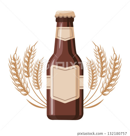 Brown glass bottle with wheat ears. A bottle of beer icon with blank label. Colorful design illustration. 132180757