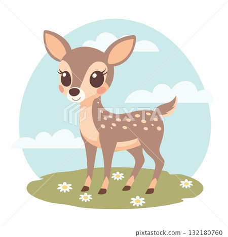 Charming cute fawn in a sunny meadow. Forest animals with landscape. Illustration. 132180760