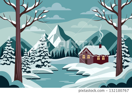 Winter landscape. Cozy house in the snowy mountains. Illustration for New Years and Christmas cards, seasonal promotions and banners. 132180767