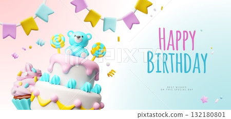 Happy Birthday 3D cartoon plastic style vector banner, Baby shower cake, creamy dessert decorated with bear and lollipop Happy Birthday 3D cartoon plastic style vector banner, Baby shower cake, creamy dessert decorated with bear and lollipop 132180801