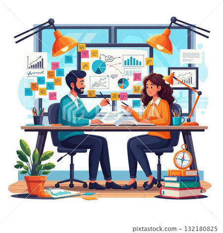 Team Discussing Project at Desk in Bright Office with Blue Accents Team Discussing Project at Desk in Bright Office with Blue Accents 132180825