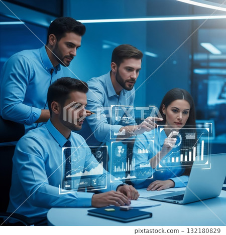 Business Team Analyzing Data on Laptop with Futuristic Interface Business Team Analyzing Data on Laptop with Futuristic Interface 132180829