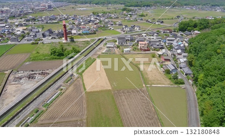 Aerial view of Bitchu Takamatsu Castle under water siege 132180848