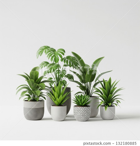 Assorted Potted Green Plants on White Seamless Background Assorted Potted Green Plants on White Seamless Background 132180885