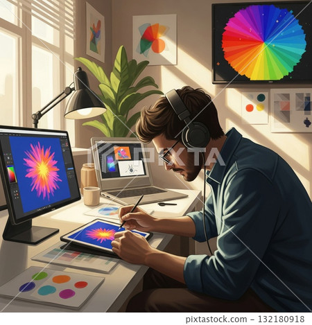 Man in Glasses Uses Tablet at Desk with Computer at Home 132180918