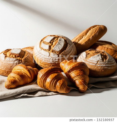 Variety of Bread and Croissants on Linen Cloth in Bright Studio 132180937