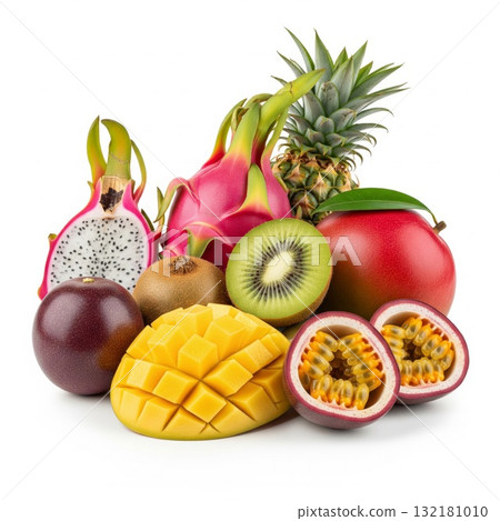 Vibrant Tropical Fruits Still Life on White Background Studio Shot 132181010