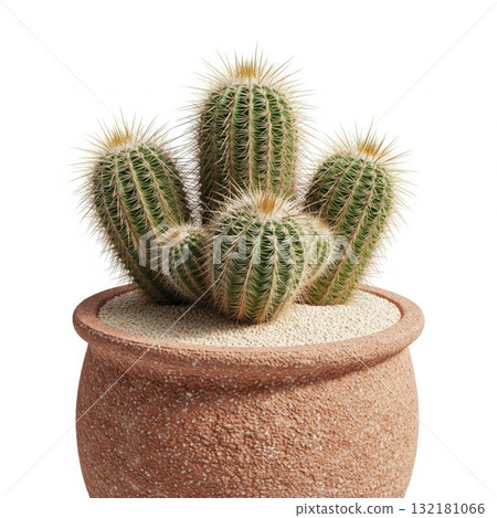 Green Cactus Plant in Clay Pot on White Background 132181066