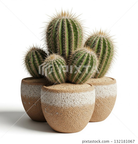 Cluster of Green Cactus Plants in Decorative Striped Flower Pots 132181067