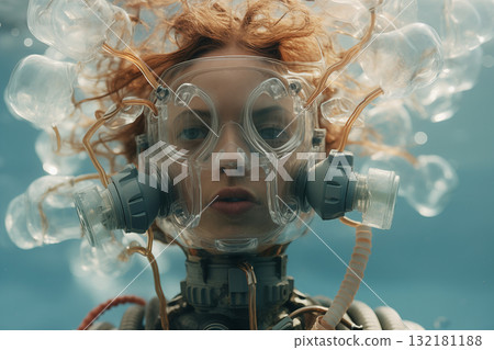 portrait of a woman wearing a transparent glass helmet or a futuristic breathing mask, underwater 132181188