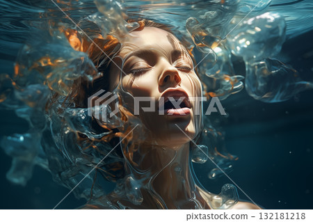 portrait of a woman underwater, she's breathing 132181218