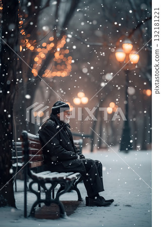 senior old man sitting in solitude on park bench at winter, calmness and tranquility in mature concept 132181221