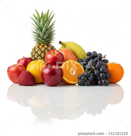 Vibrant Assortment of Fresh Fruits Against White Background Still 132181320