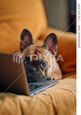 cute funny french bulldog dog working with laptop on couch, frenchie work with portable computer at home cute funny french bulldog dog working with laptop on couch, frenchie work with portable computer at home 132181394