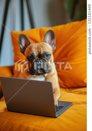 cute funny french bulldog dog working with laptop on couch, frenchie work with portable computer at home 132181409