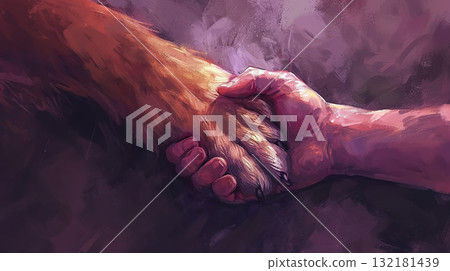 man and dog handshake with hand and paw, trust and friendship of human and animal 132181439