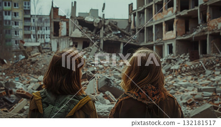 small kids standing in city destroyed by war, children in town demolished by earthquake, people and ruined buildings 132181517
