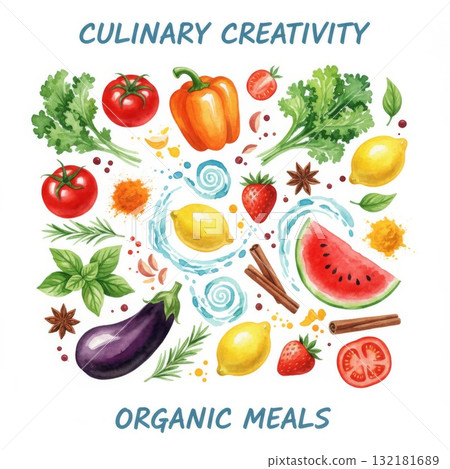 Fresh Vegetables and Fruits Watercolor Illustration on White 132181689