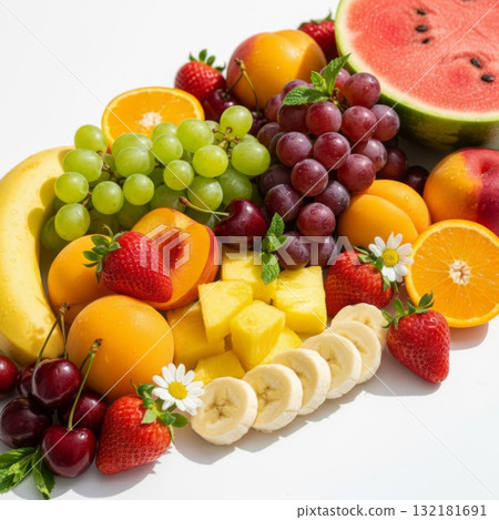 Assorted Fresh Fruits in White Background Studio Shot 132181691